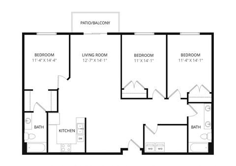 Floor plan for 3 beds, 2 baths, 1422 sqft